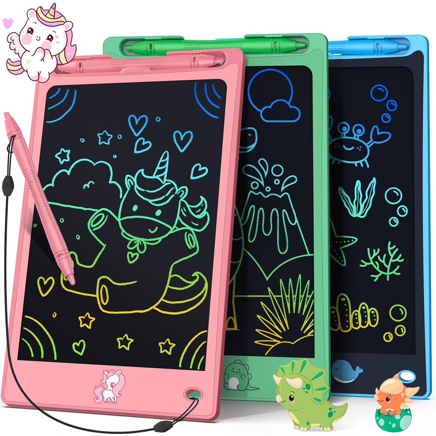 FLUESTON LCD Writing Tablet for Kids,Drawing Tablet for Boys Girls 3 4 5 6 7 8 year, 8.8 Inch 3pcs in 1 Pack Drawing Pad Toy Christmas Gifts for Toddler, Educational Doodle Board Cute Dinosaur Unicorn