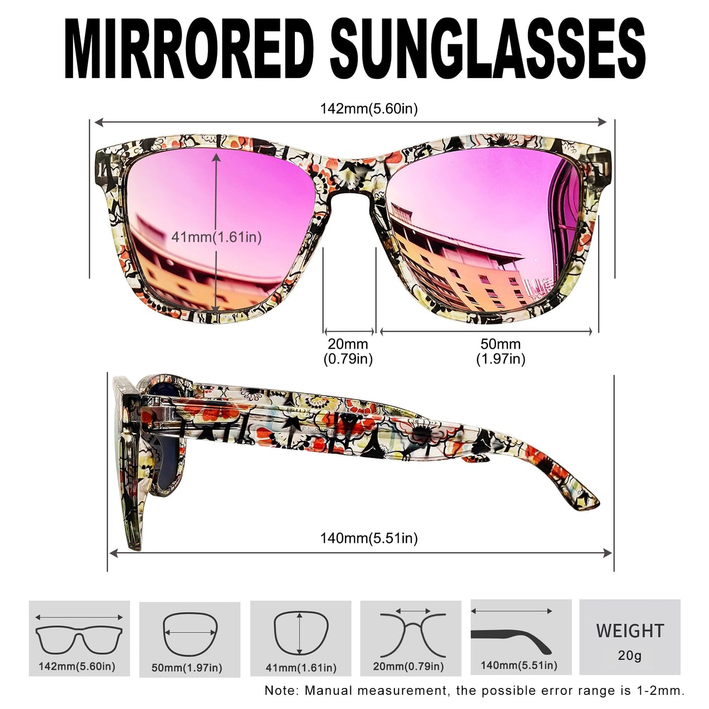 KANASTAL Fuchsia Sunglasses Womens Designer Polarised Pink Mens Square Mirror Ladies Retro Classic Coloured UV400 Vacation Fashion - Patterned Frame Fuchsia Lens