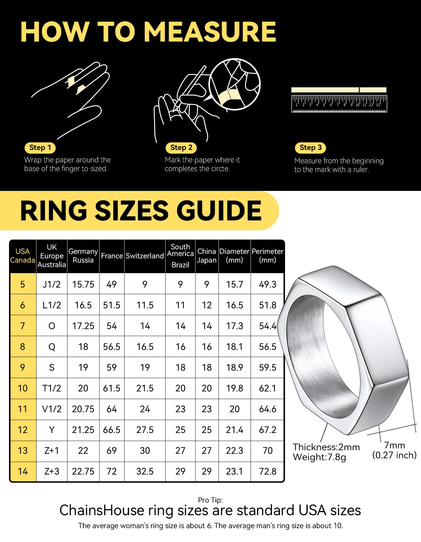 ChainsHouse Men's Punk Stainless Steel Gothic Screw Edge Hexagon Geometric Biker Ring Bands, Size 9