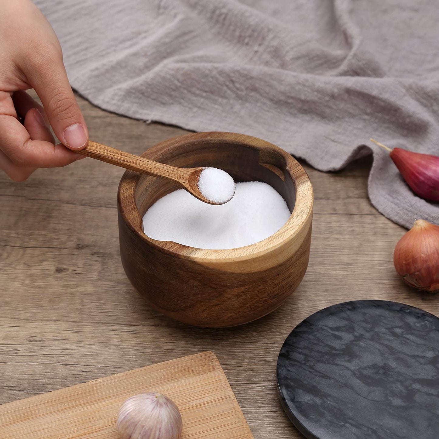 KITCHENDAO Large Wood Salt and Pepper Box Bowl Set with Built-in Serving Spoon, Natural Solid Acacia Base, Big Capacity Salt Pepper Cellar Container Holder, 10oz Capacity Each, Black & Grey Marble Lid