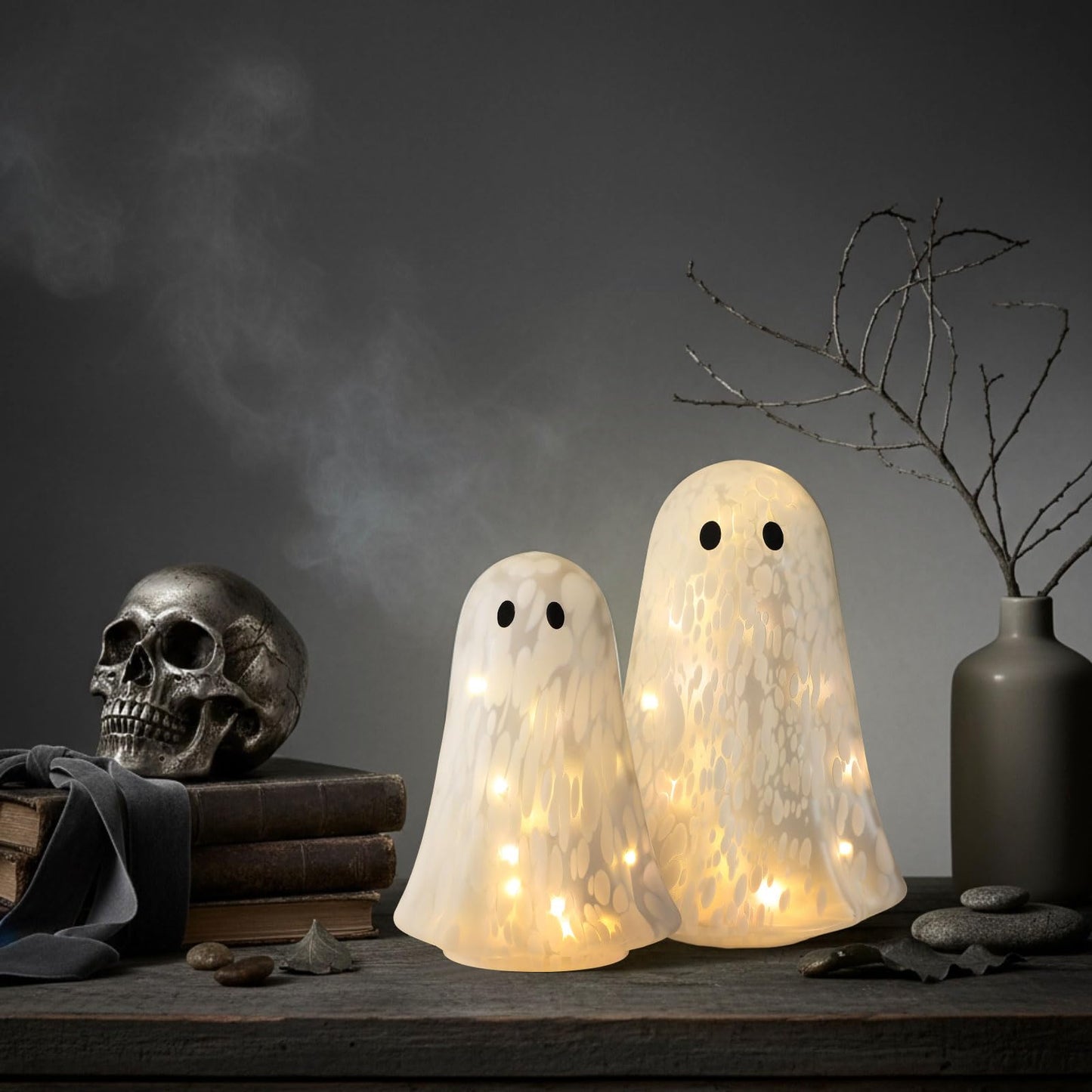 Flutesan 2 Pcs Halloween Confetti Ghost Glass Table Light Set, Cute Glass Ghost Light up for Home Halloween Party Tabletop Kitchen Counter Fireplace Mantle Decoration
