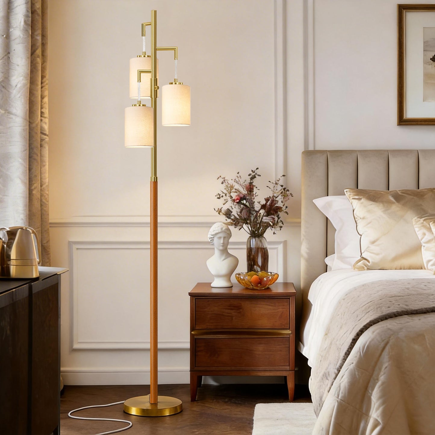 G-SAFAVA 70" Wood Floor Lamp Dimmable Floor Lamps for Living Room Bedroom Mid Century Modern Floor Lamp Gold Standing Lamp Tall Lamps for Office Nursery Reading Elegant Stand Up Lamp, 3 Bulbs Included