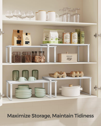 SONGMICS Cabinet Organizer Shelf, Set of 4 Kitchen Counter Shelves, Kitchen Storage, Spice Rack, Stackable, Expandable, Metal and Engineered Wood, Cloud White and Natural Beige UKCS010N01