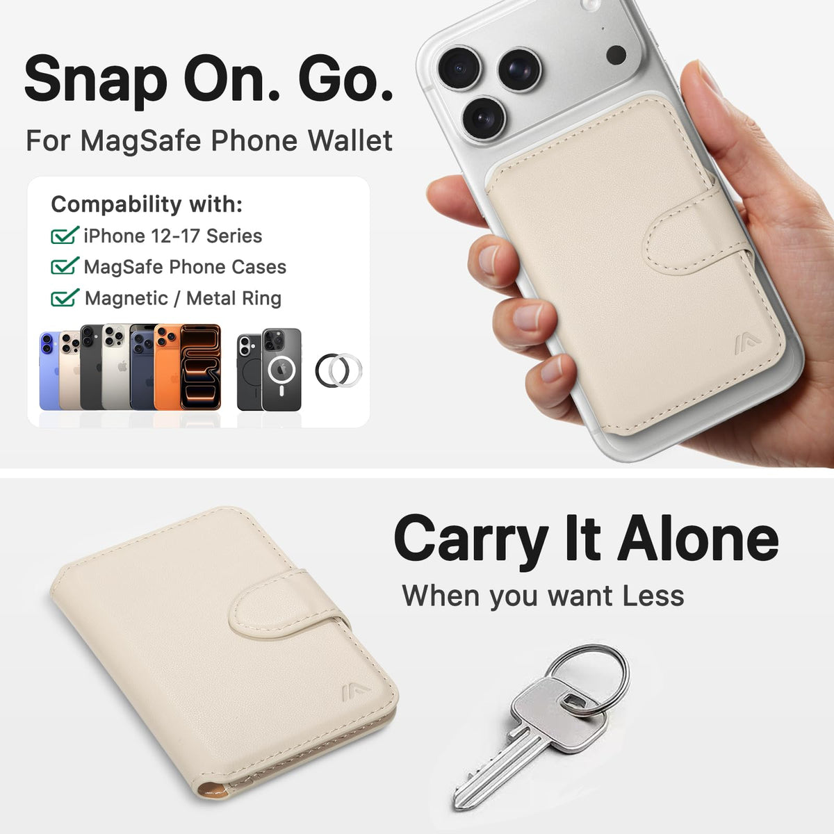 MEFON for MagSafe Wallet, Magnetic Phone Wallet RFID Blocking, Slim 5-8 Card Holder with Cash Slot & Clear ID Window, Minimalist Mag Safe Wallets for iPhone 17/16/15/14/13/12 Series, Oatmeal Beige