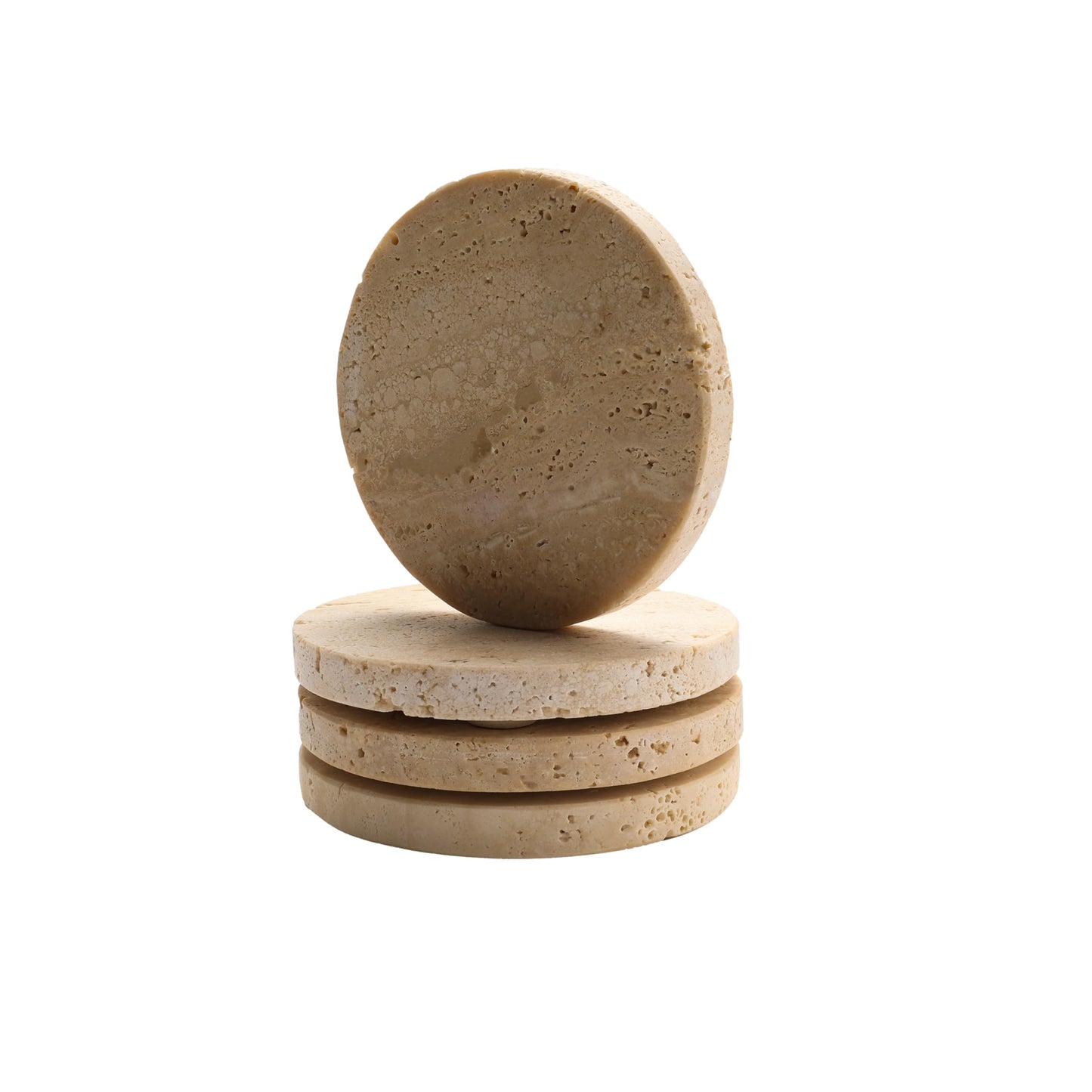 Vitrignis Natural Travertine Coasters Set of 4-4" Round Stone Drink Coasters for Housewarming Gifts, Anniversaries, Office Decorations