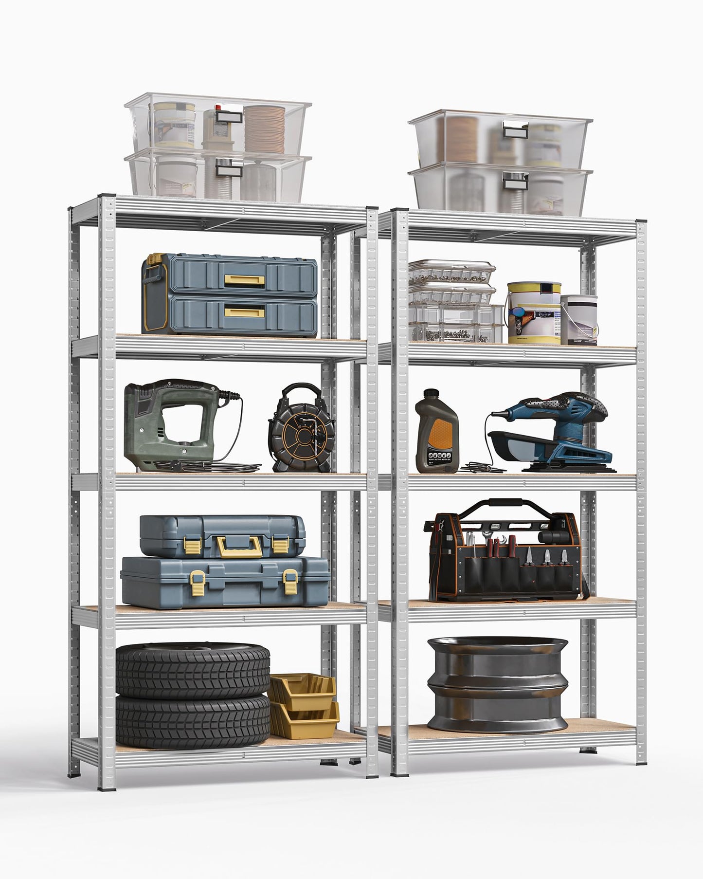 SONGMICS 5-Tier Heavy-Duty Shelving Units, Set of 2 Steel Shelving Units for Storage, Boltless Assembly, for Garage, Shed, Load Capacity 875 kg, 40 x 90 x 180 cm, Silver GLR040E02