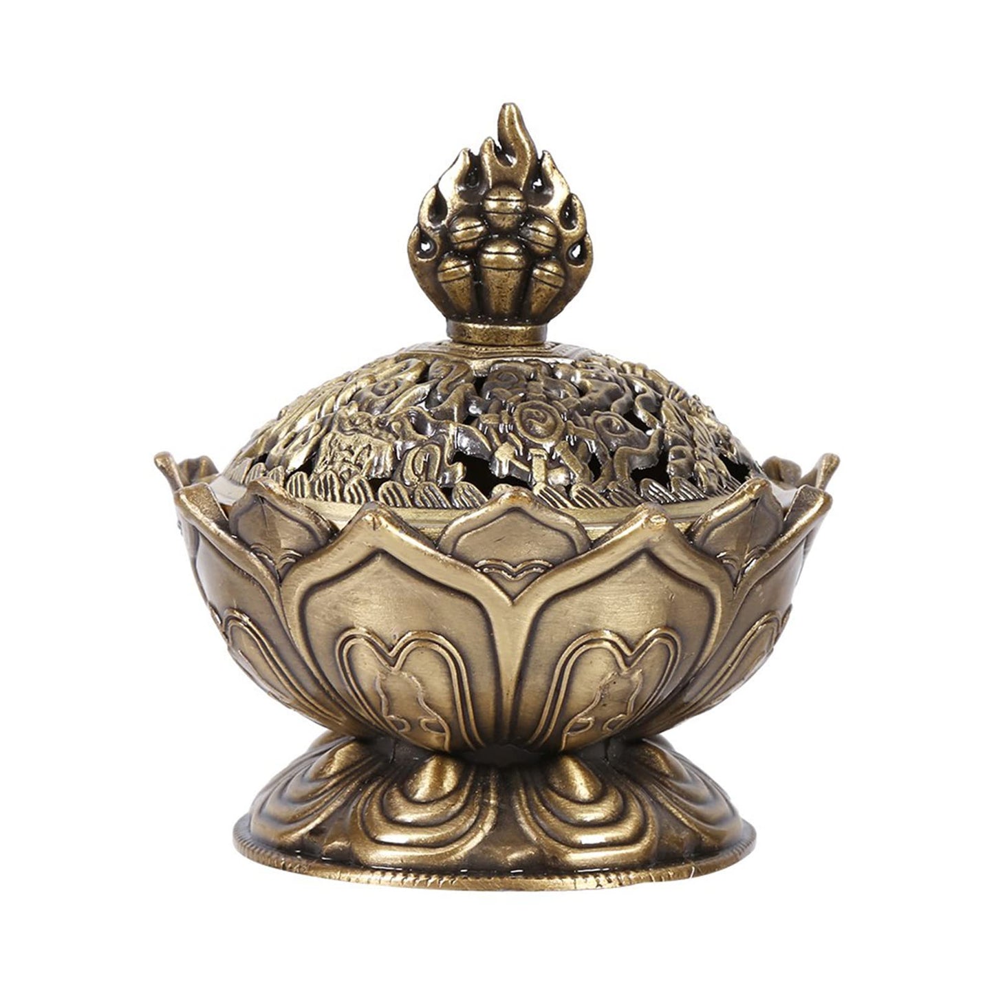 Vintage Backflow Incense Burner Bowl, Lotus Incense Holder Charcoal Censer Ash Catcher Stick Cone Reel Incense for Powder Cone or Coil Incense (Bronze)