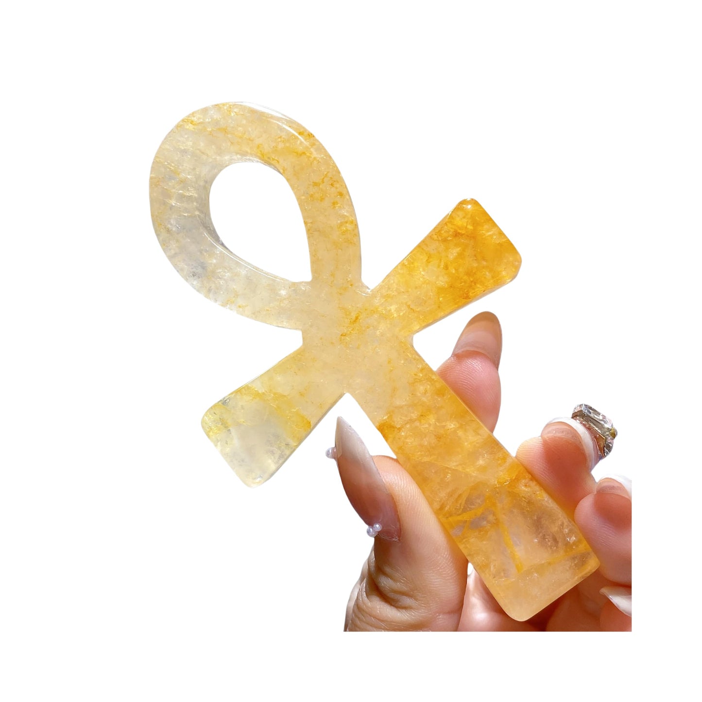 3.6" Natural Quartz,Hand Carved,Mineral Sample,Ankh Totem,Home Decor,Reiki Heal,Energy Crystal Gift (Yellow Hematoid Quartz)