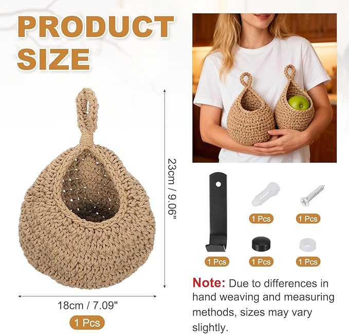 uxcell Hanging Fruit Baskets for Kitchen, Hand-Woven Wall Hanging Storage Jute