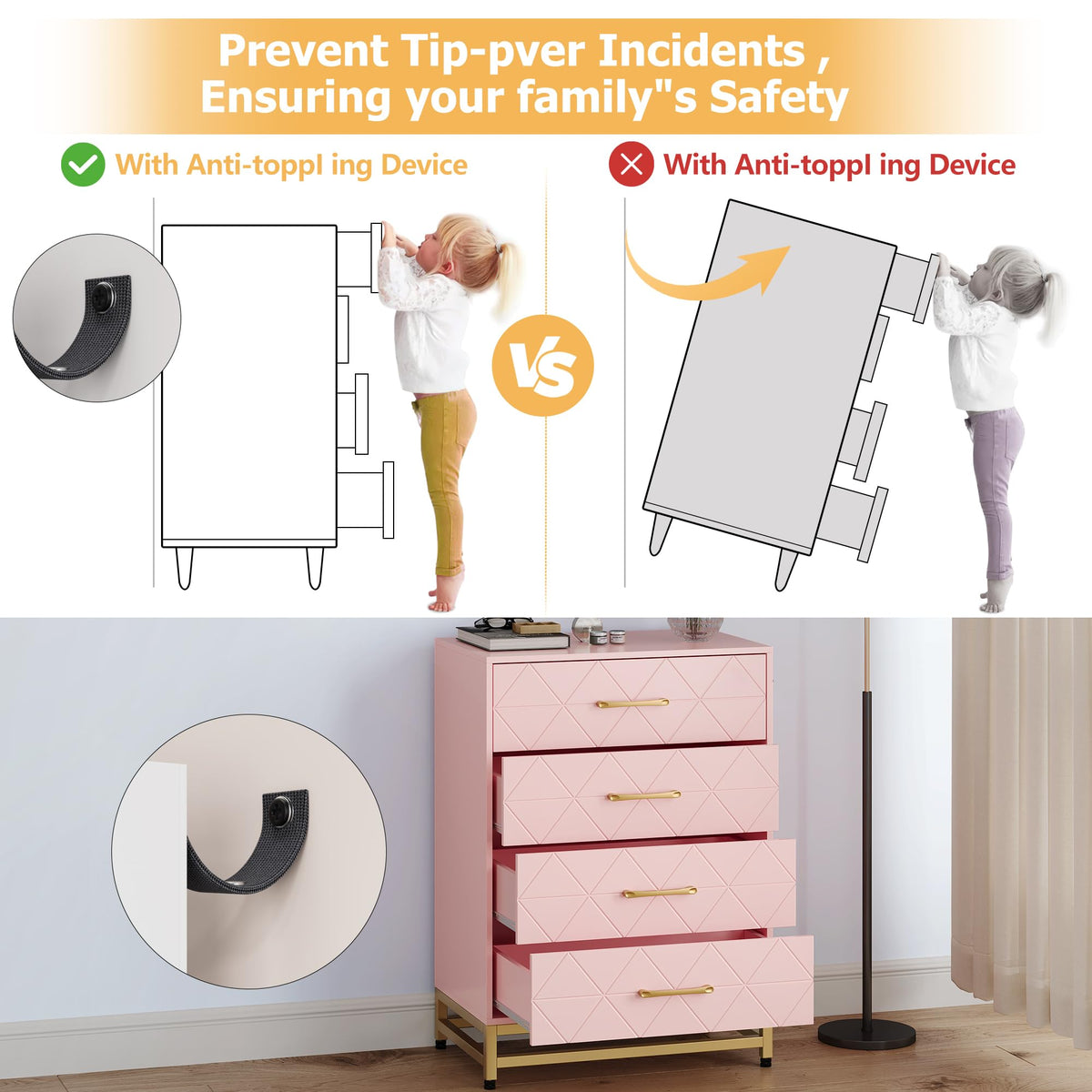 GarveeHome Wooden Dresser for Bedroom, Dressers & Chest of Drawers with 4 Drawer, Wood nightstand for Storage and Organization (Pink)