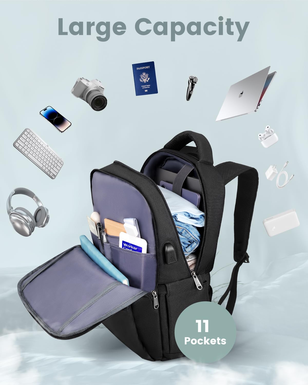 Laptop Backpack, Business Travel Backpack with Charging Port, Water Resistant Laptop Rucksack, Anti-Theft Backpack for Men Women, Fits 15.6-inch Laptop School Bag Black