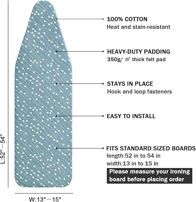 Ironing Board Cover and Pad Standard Size 15" x 54", 3 Pairs of Hook and Loop