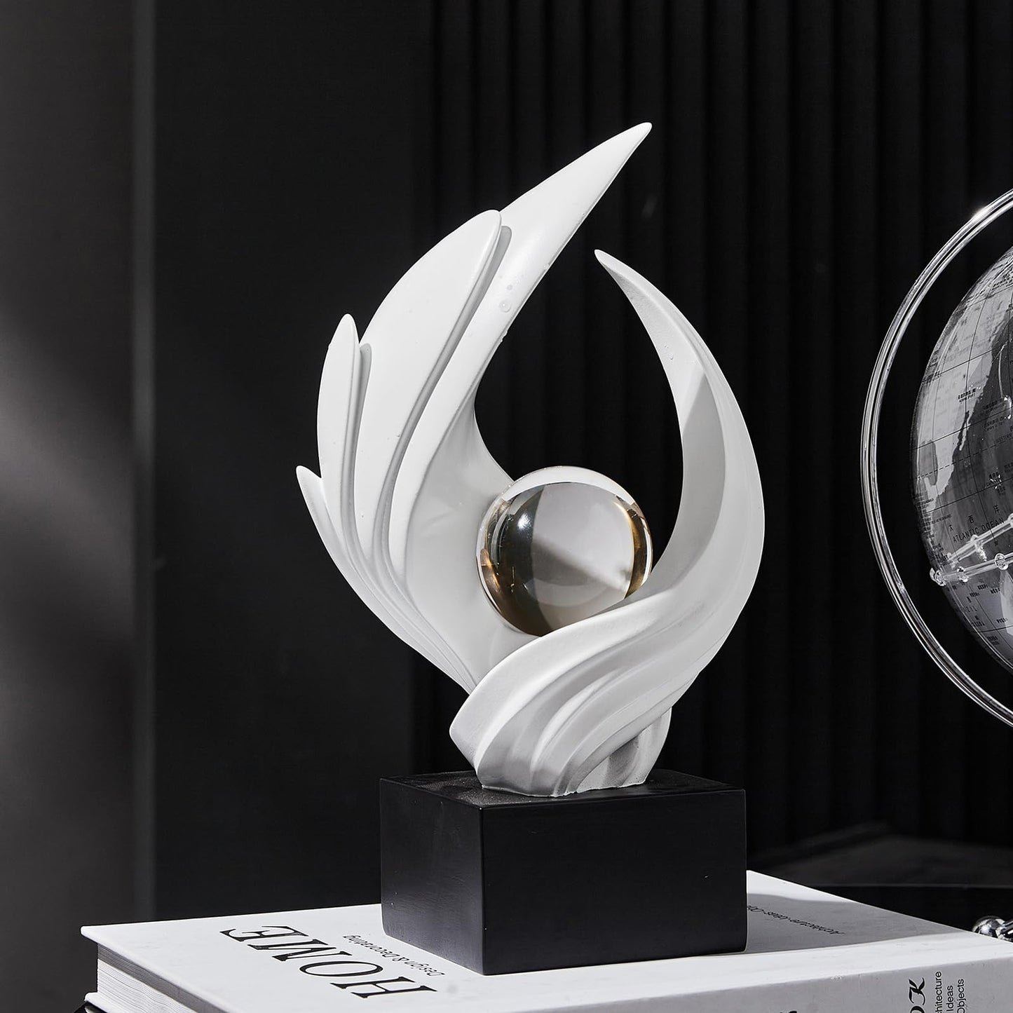 Modern Art Statue Decor, Abstract Swirl-Shaped Sculpture with Glass Ball Resin Art Figurines Centerpiece Sculptures for Home Decor Living Room Stand Coffee Table Office Bookshelf Decoration (white)
