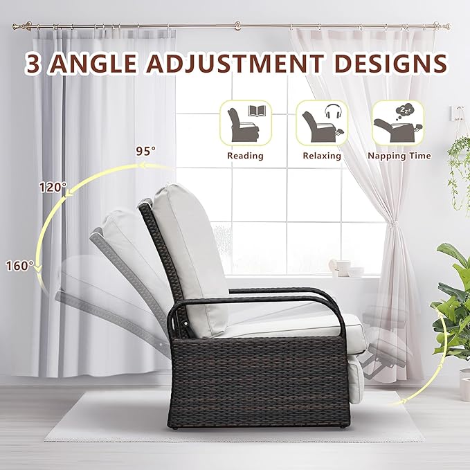ART TO REAL Outdoor Recliner, Automatic Adjustable Wicker Lounge Recliner Chair with 5.12'' Thicken Cushion, All Weather Aluminum Frame, Brown Wicker + Beige Cushion