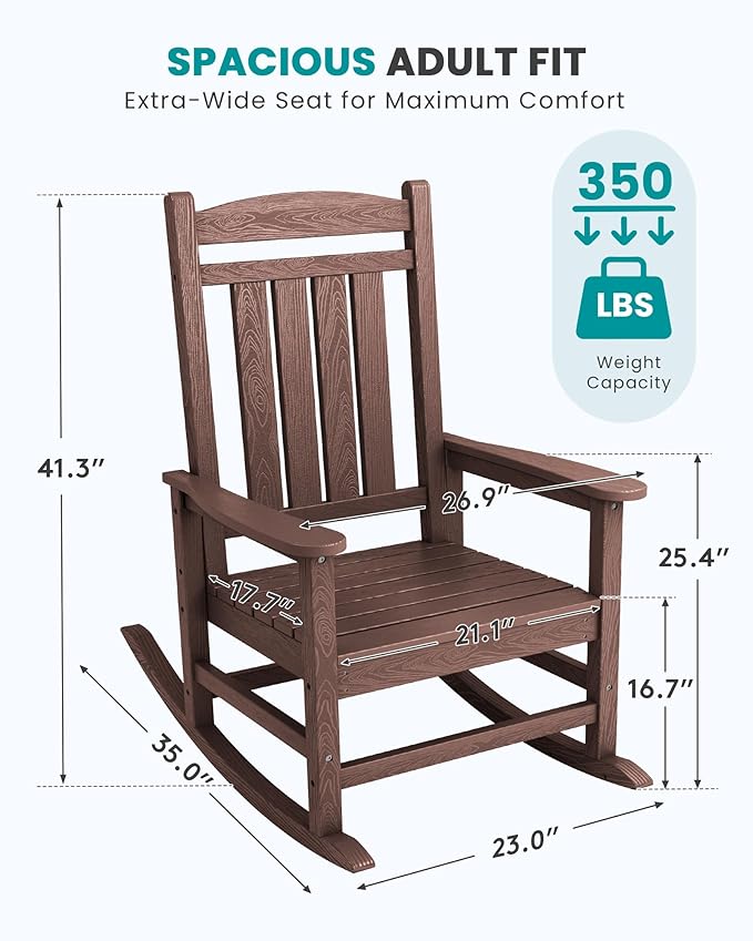 SERWALL HDPE Outdoor Rocking Chair Set of 2, Oversized Patio Rocking Chairs, All-Weather Porch Rockers for Adults, Coffee