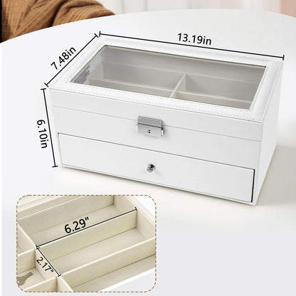 Homeanda 2-Layer Sunglasses Case - 12 Slots Hard Shell Eyeglasses Storage Box PU Leather Organizer, Protective Glasses Organizer Christmas Gift for Men and Women(White)