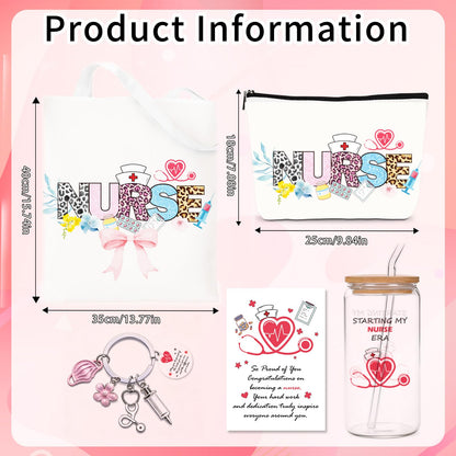 VeloKomo Nurse Gifts for Women - 5 Pcs Canvas Tote Bag Makeup Bag Glass Cup Keychain with Greeting Card Set Appreciation Graduation Retirement Nurses Week Gift for Nursing Student Daughter Coworkers