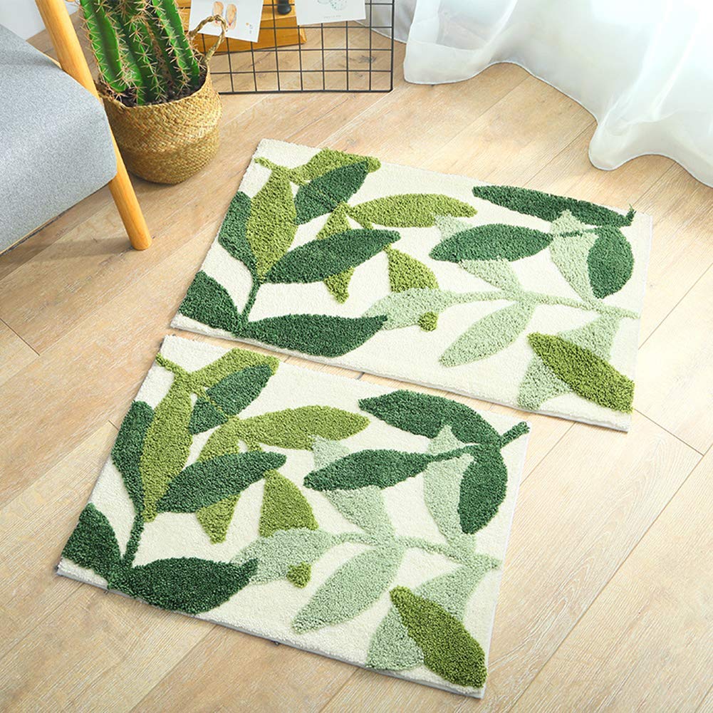 Morbuy Non-Slip Bath Mat, 50 x 80 cm Green Leaf Bathroom Floor Mat Super Soft and Water Absorbent, Machine Washable Microfiber Bathroom Rug for Shower, Bedroom, Kitchen, Doorway