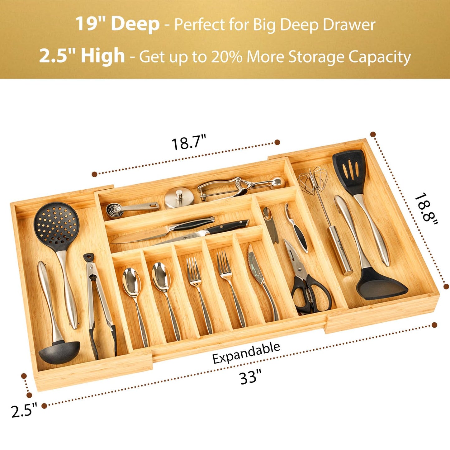 Umilife Bamboo Kitchen Drawer Organizer, 13 Inch Silverware Utensil Tray Holder, Extra Deep Grooved Drawer Divider, 7 Slots Total Bamboo Wood Caddy for Flatware Cutlery Knives, Forks, Spoons