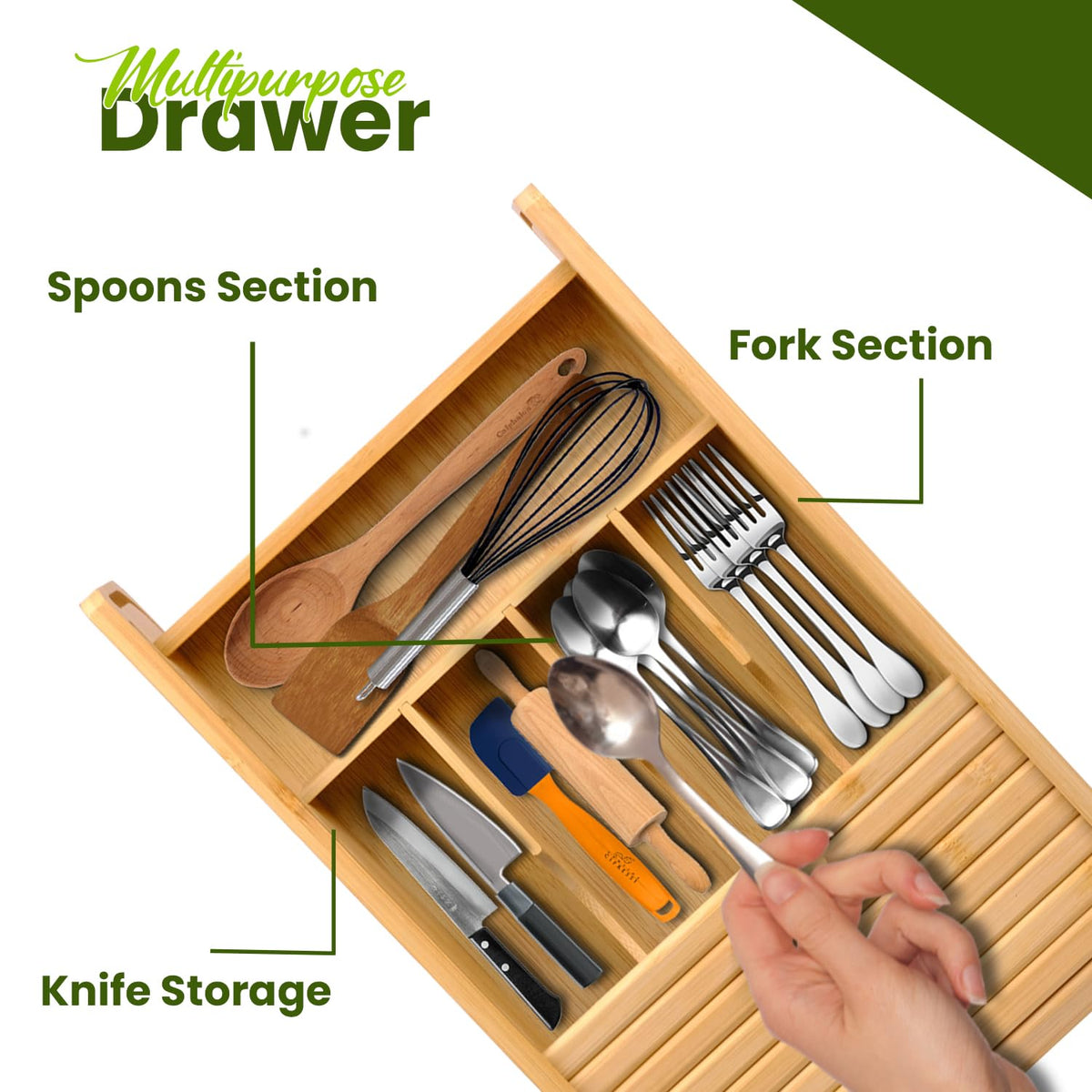 KozyKoala & Co. Bamboo Drawer Organizer with Sliding Lid - 5 Slot Kitchen Drawer Organizer & Utensil Holder - Wood Bamboo Cutlery Tray for Flatware & Multipurpose Storage for Home & Office