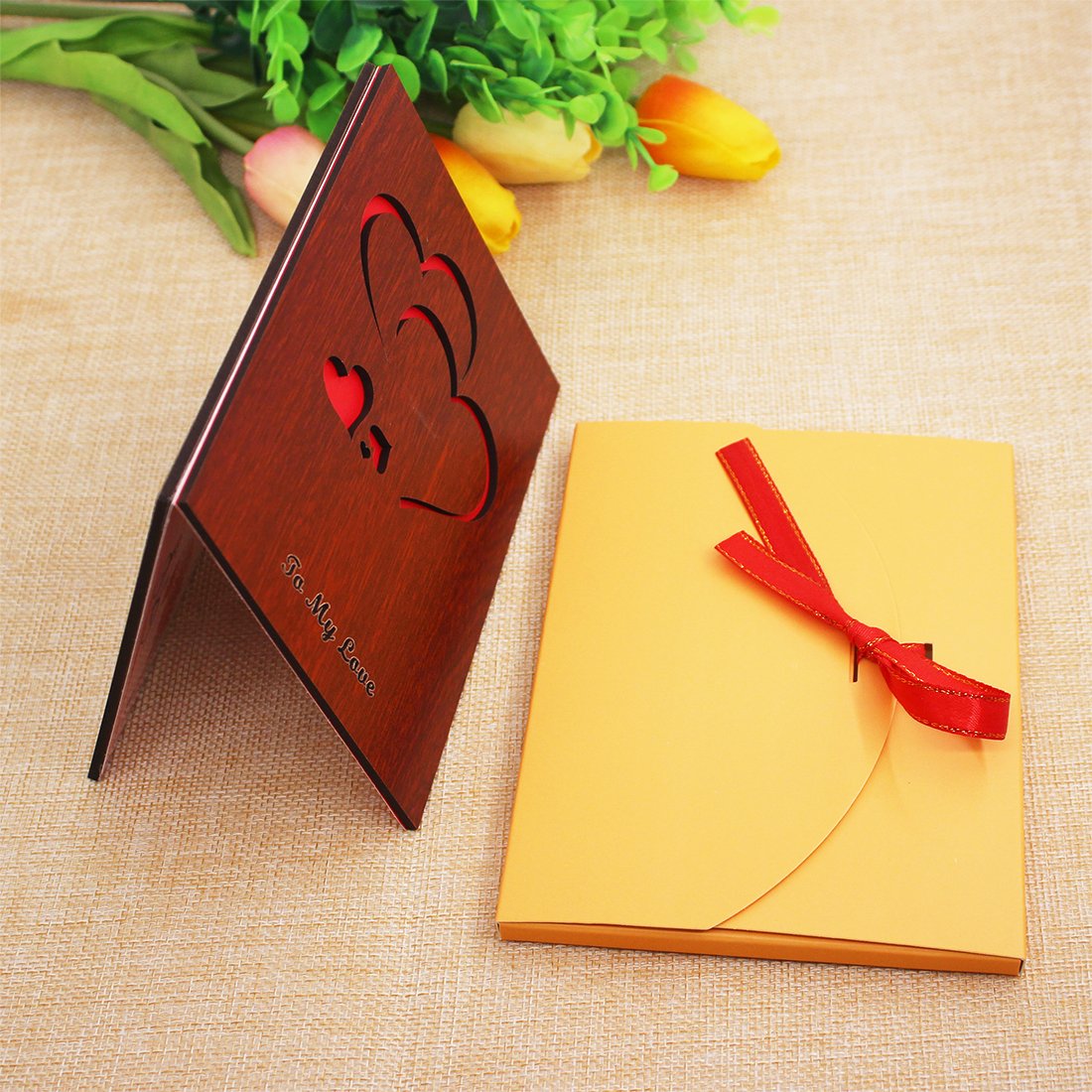 Creawoo Handmade Walnut Wood Love Greeting Card with Unique Gift Card Box The Best Valentine's Day, Anniversary Birthday Gift Idea Card for Her, Him, Wife, Husband
