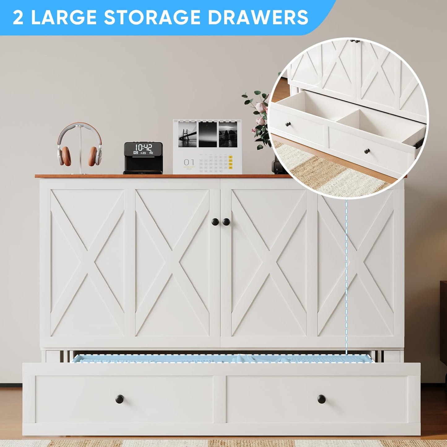 Mjkone Queen Murphy Bed with Tri-Fold Mattress, USB Charging Station & 2 Storage Drawers, Hidden Folding Chest Cabinet Bed, Space Saving Wall Beds for Bedroom Guest Room Living Room-White