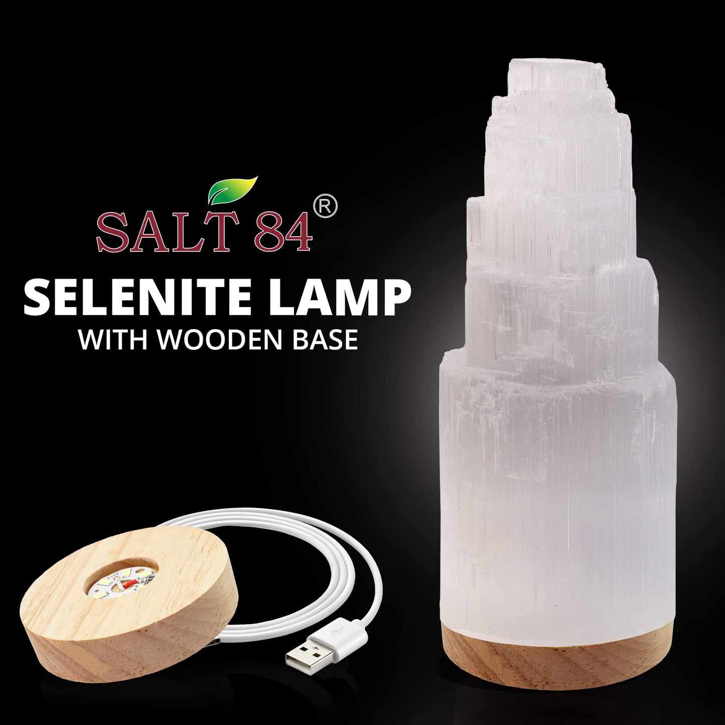 Salt 84 Selenite Crystal Lamp, 20 cm Tall, High Energy Skyscraper Lamp with Wooden Base & USB Charging Cable, ETL Certified, Hand Curved Selenite for Spiritual Protection and Therapy