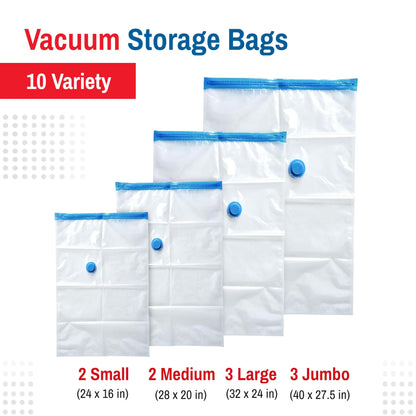 10-Pack Variety Vacuum Storage Bags for Comforters, Blankets & Clothes – Vacuum Sealed Compression Bags with Hand Pump – Space Saver Storage Bags for Bedding,Travel & Organization (2S, 2M, 3L & 3XL)
