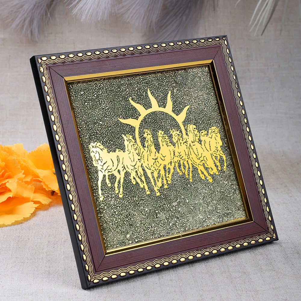 SATVIK 7 Horses on Raw Pyrite Frame – Natural Raw Pyrite Crystal Decorative Frame with Wooden Base – Seven Running Horses Motif for Home & Office Décor