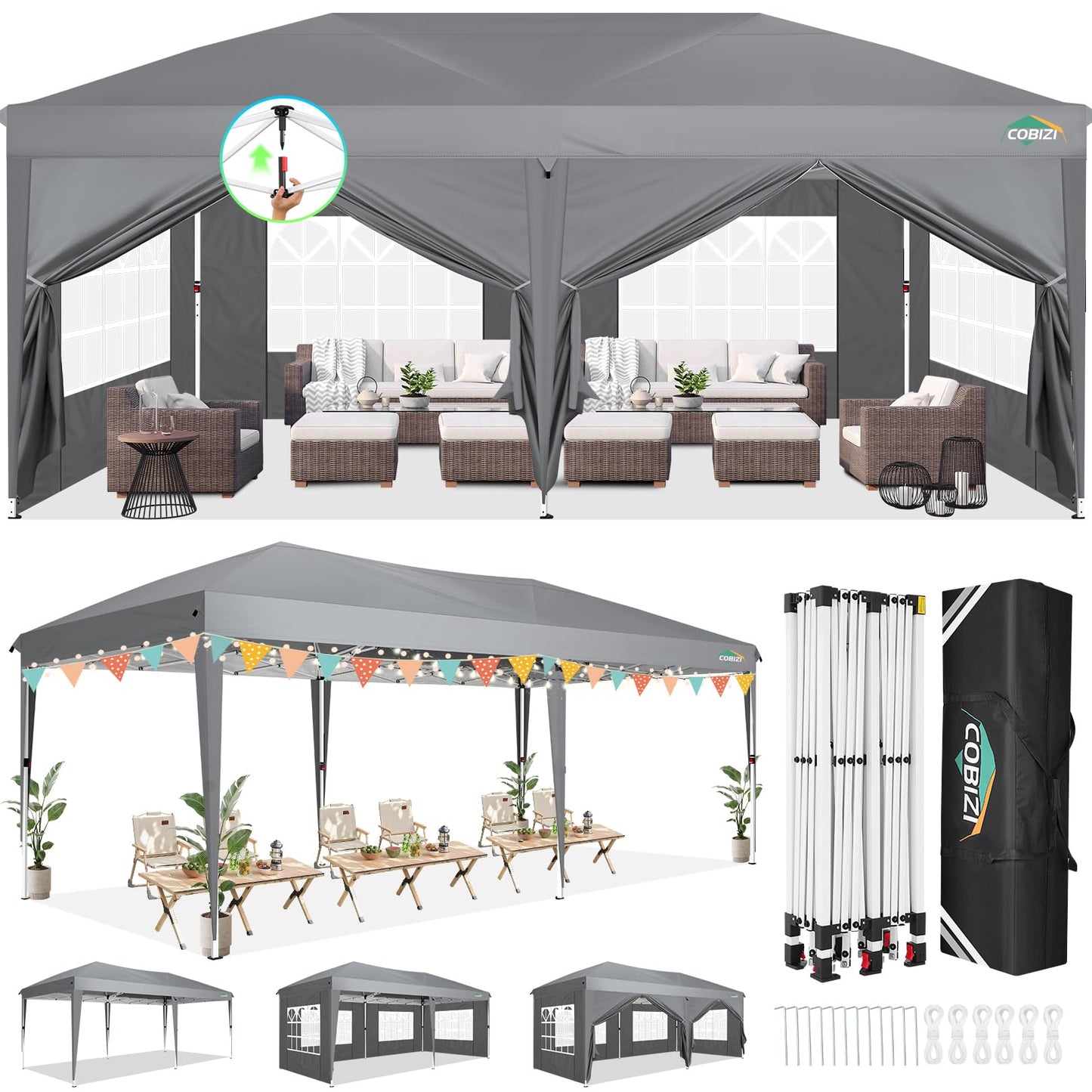 COBIZI 10x20 Canopy Tents for Parties 10x20ft Easy Setup Pop up Tents with Sidewalls & One Push Lock Waterproof Outdoor Large Shelter Party Tent for Wedding Car Port Events Patio Gazebo(Gray)