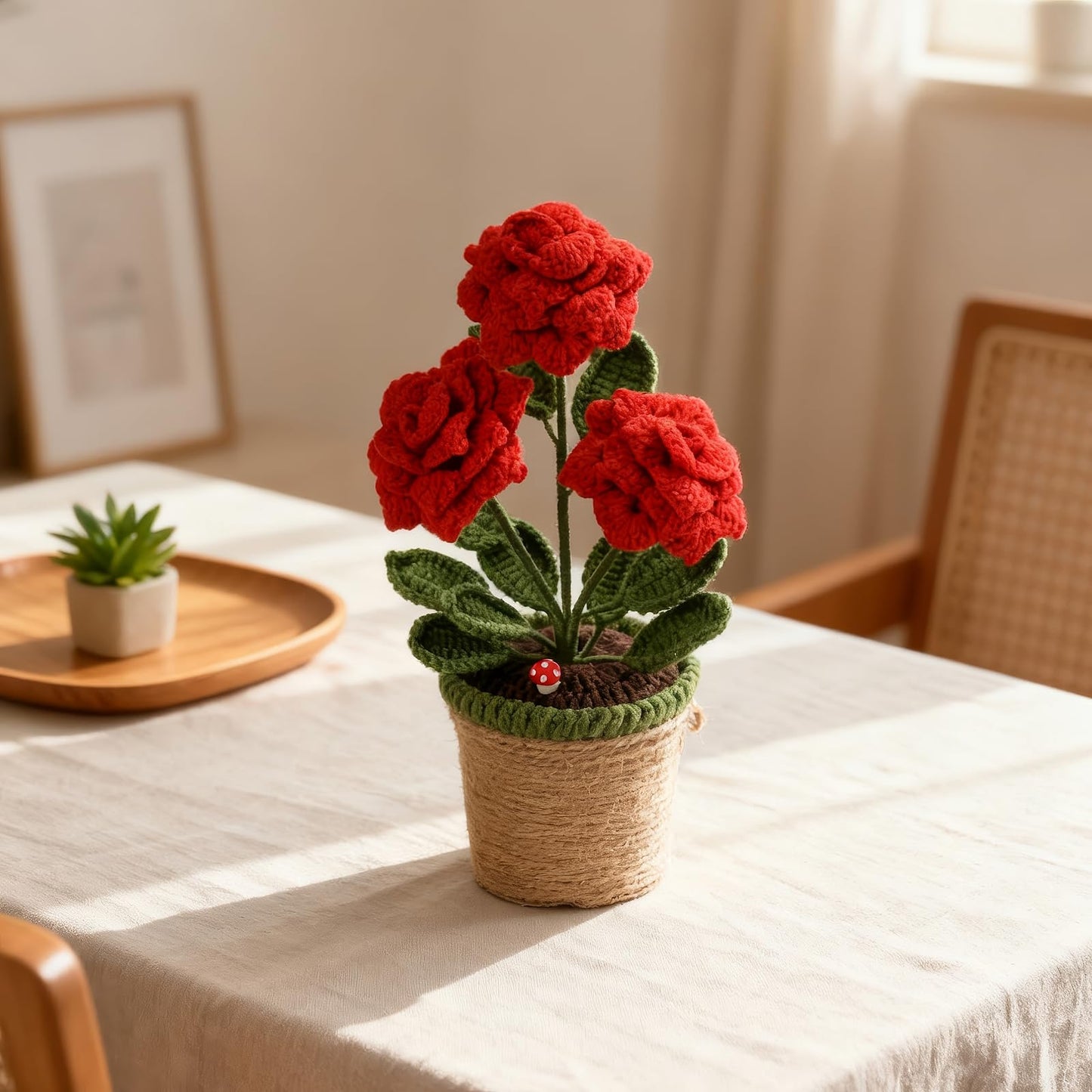TALIBSA Handmade Crochet Rose Flower Pot Plant Gift Box，Crochet Flowers Handmade Knitted Potted Plants，Knitting Crochet Puff Flowers Potted Plants，Gifts for Family, Loved Ones and Friends
