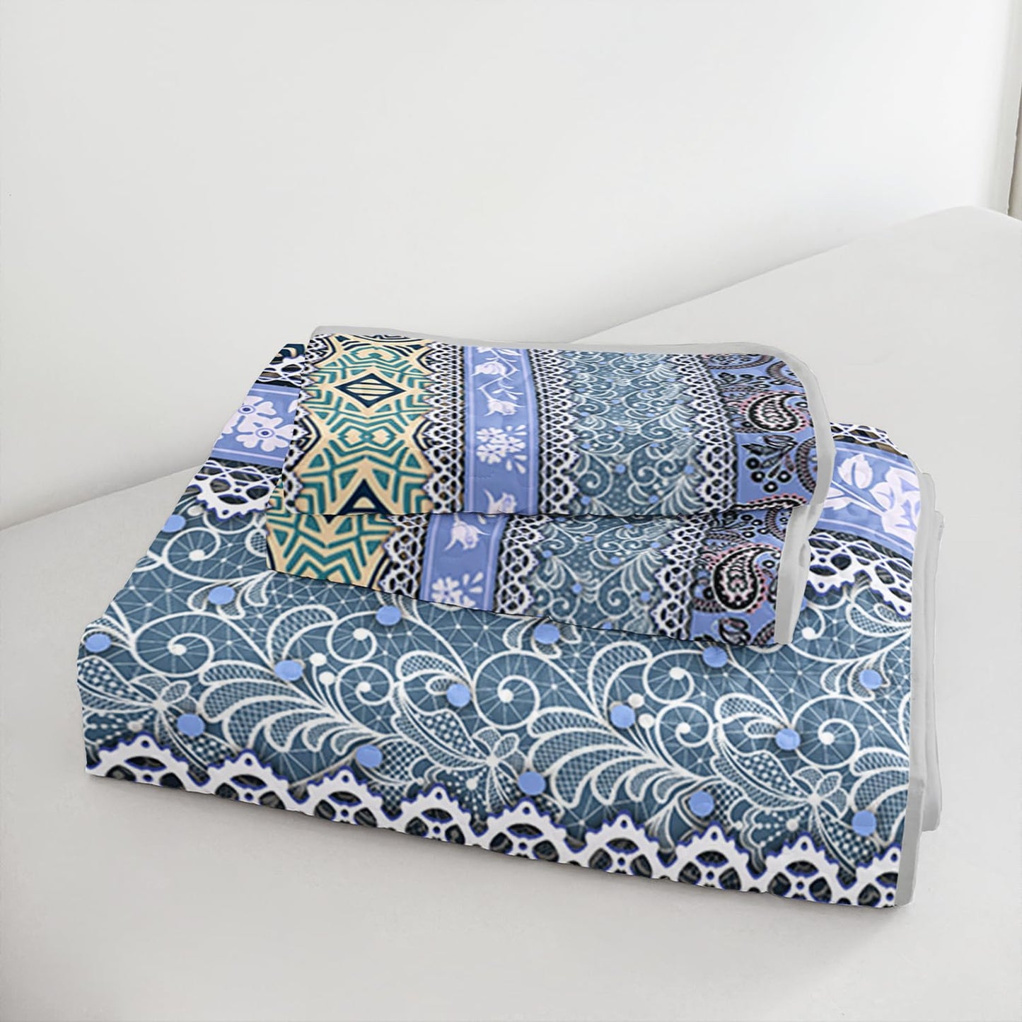 UEVBF Blue Bohemian Quilt Set Queen Size,Boho Striped Printed Bedding Bedding Set for Summer,Retro Soft Lightweight Microfiber Quilt with 2 Pillowcases.