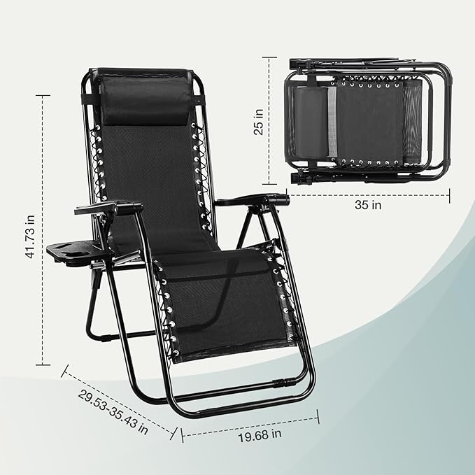 NEWBULIG Zero Gravity Chair Set of 4, Lounge Chair Folding Portable Adjustable Camping Reclining Chairs with Adjustable Pollow, Mesh Back, Cup Holder Trays Lawn Patio Chair for Pool Beach - Black