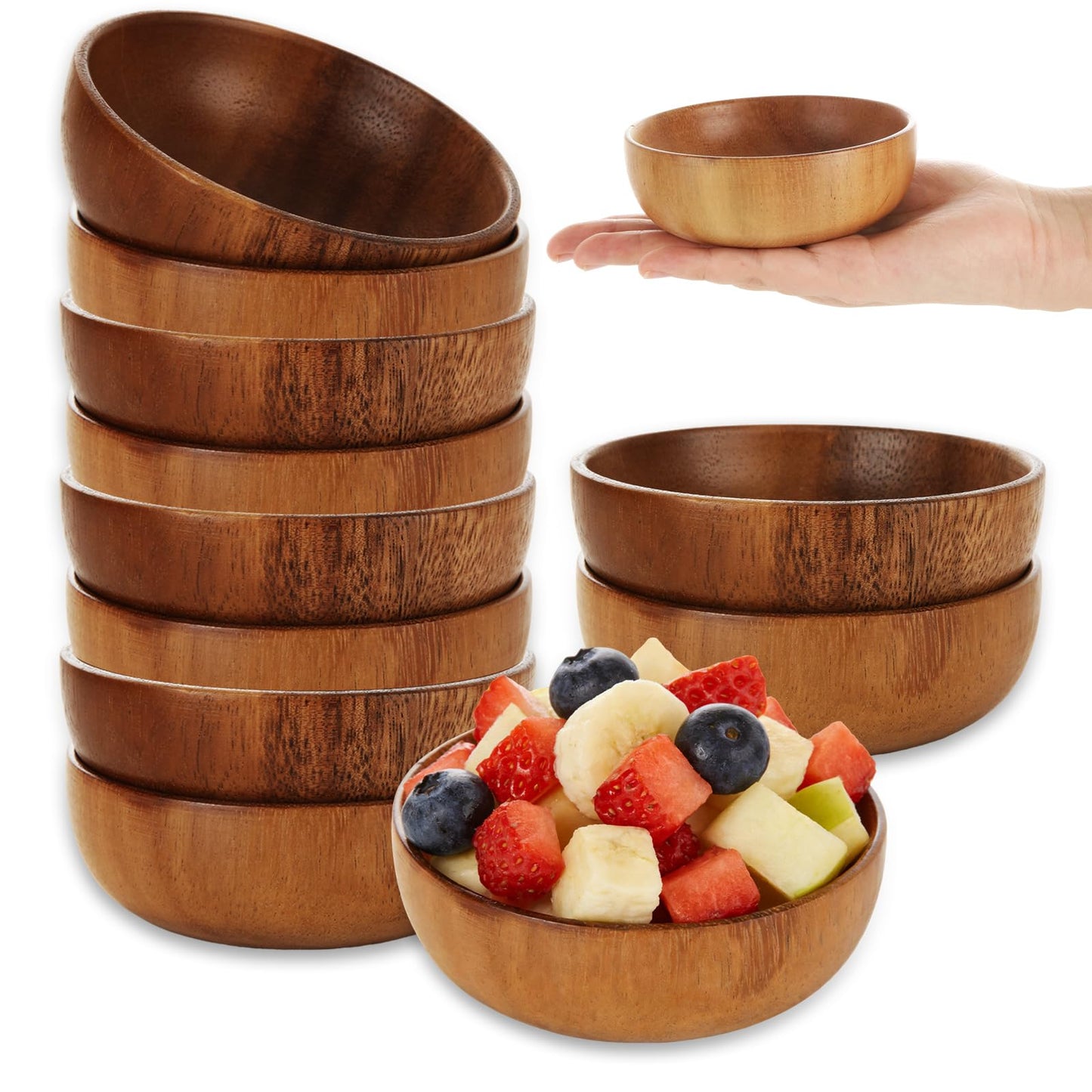GBACHOOSE 10 Pack Small Wooden Bowls, 4 Inch Acacia Wood Bowls for Snacks, Nuts, Candy, Dipping Sauce, Condiments, Appetizers, Charcuterie Boards and Food Prep, Natural Brown