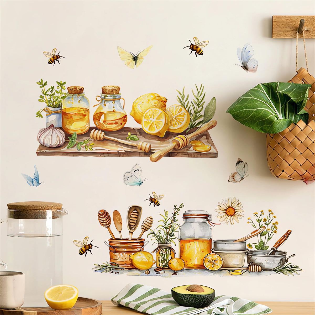Lemon Honey Bee Butterfly Kitchen Wall Stickers, sacinora Kitchenware Utensil Shelf Yellow Fruit Wall Decals Removable Vinyl Peel and Stick Kitchen Dining Restaurant Bar Home Decorations
