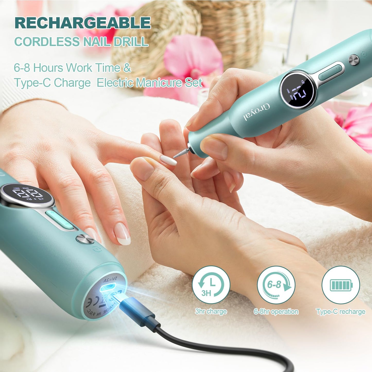 Electric Nail Drill Professional, 45000RPM Cordless Electric Nail File for Acrylic Gel Nails, Professional Nail Drill Manicure Pedicure Polishing Shape Tools for Home Salon