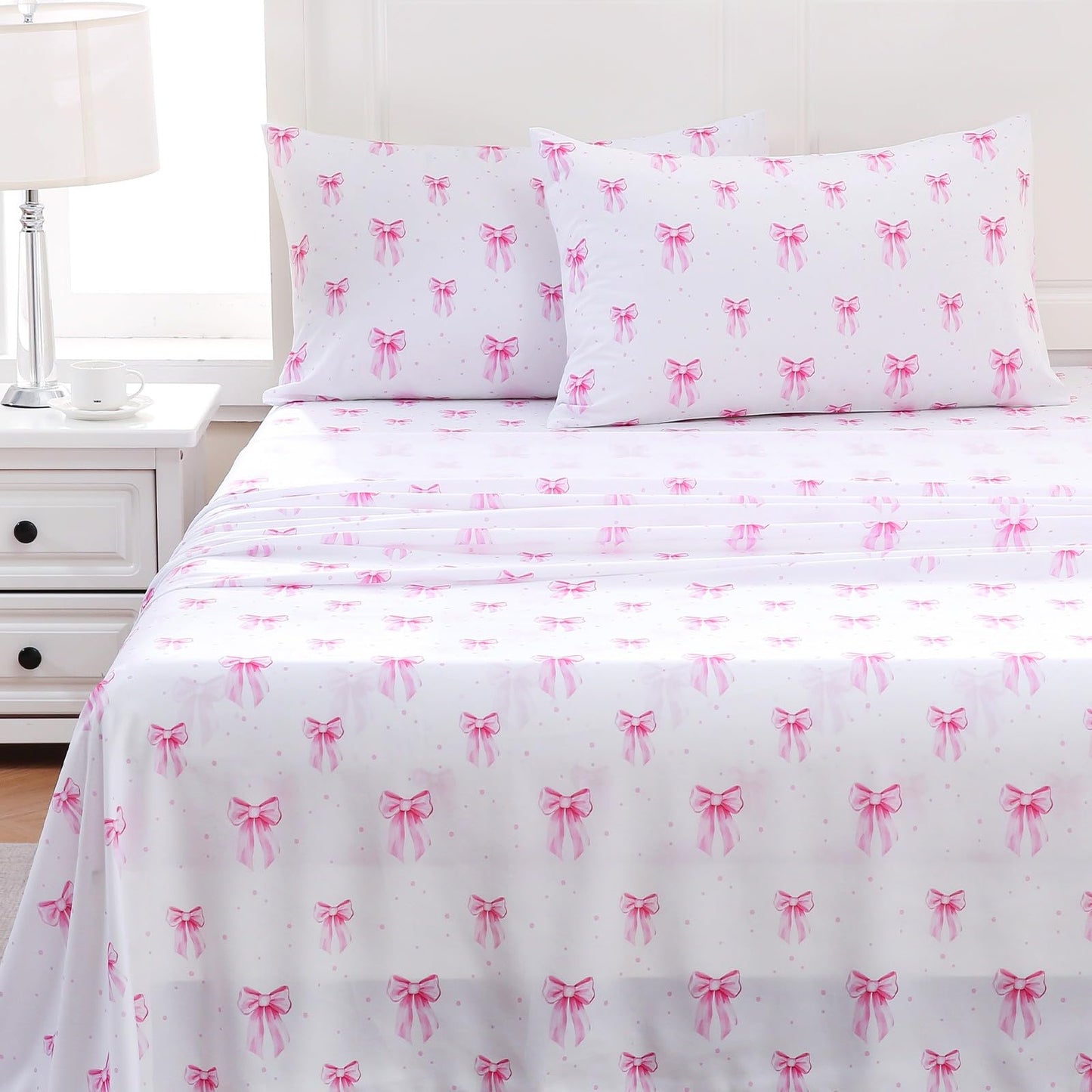 MICORAL Boho Floral Queen Sheet Set, 4-Piece Printed Botanical Bed Sheets, 16" Deep Pocket, Ultra Soft & Cooling Sheet, Oeko-TEX Certified, Pink Bow