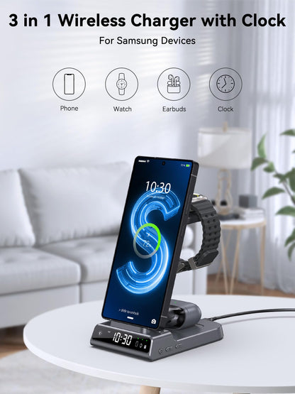 Wireless Charger for Samsung Charging Station with Clock for Samsung Galaxy S25 Ultra/S24/Z Flip 7/Z Fold 6/Bud, 3 in 1 Android Charging Station, Watch Charger for Samsung Galaxy Watch 8/7/6/5 (Grey)