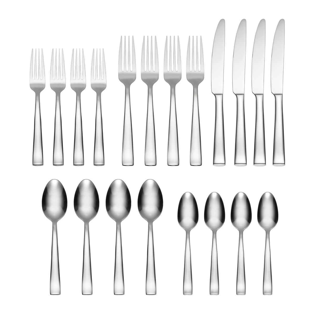 Oneida Silverware Set, Monolith 20-Piece Everyday Flatware Set, Service For 4, 18/0 Stainless Steel, Knives Spoons And Forks Sets, Dishwasher Safe, Home And Kitchen Utensils (Silver, 20 Piece)