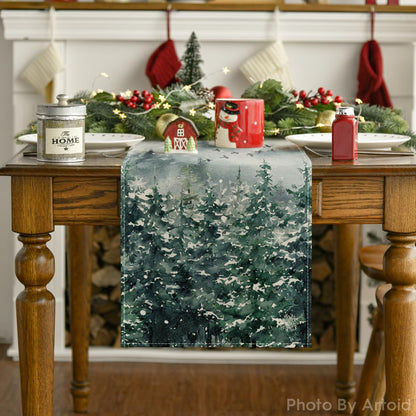 Artoid Mode Green Tree Snow Christmas Table Runner, Seasonal Winter Kitchen Dining Holiday Table Decoration for Home Party Decor 13x90 Inch