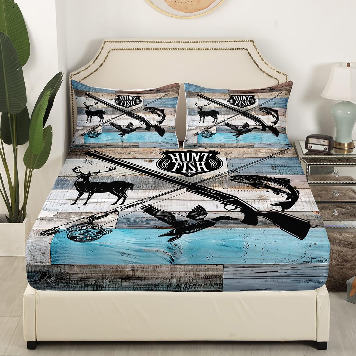 Castle Fairy Hunt Fish Fitted Sheet Full Size 4pcs,Deer Bird Fish Animal Hunting,Bedding Sets(1 Fitted, 1 Flat, 2 Pillowcases) Rustic Retro Wooden Board Luxury Deep Pocket Bed Sheet Set, Polyester