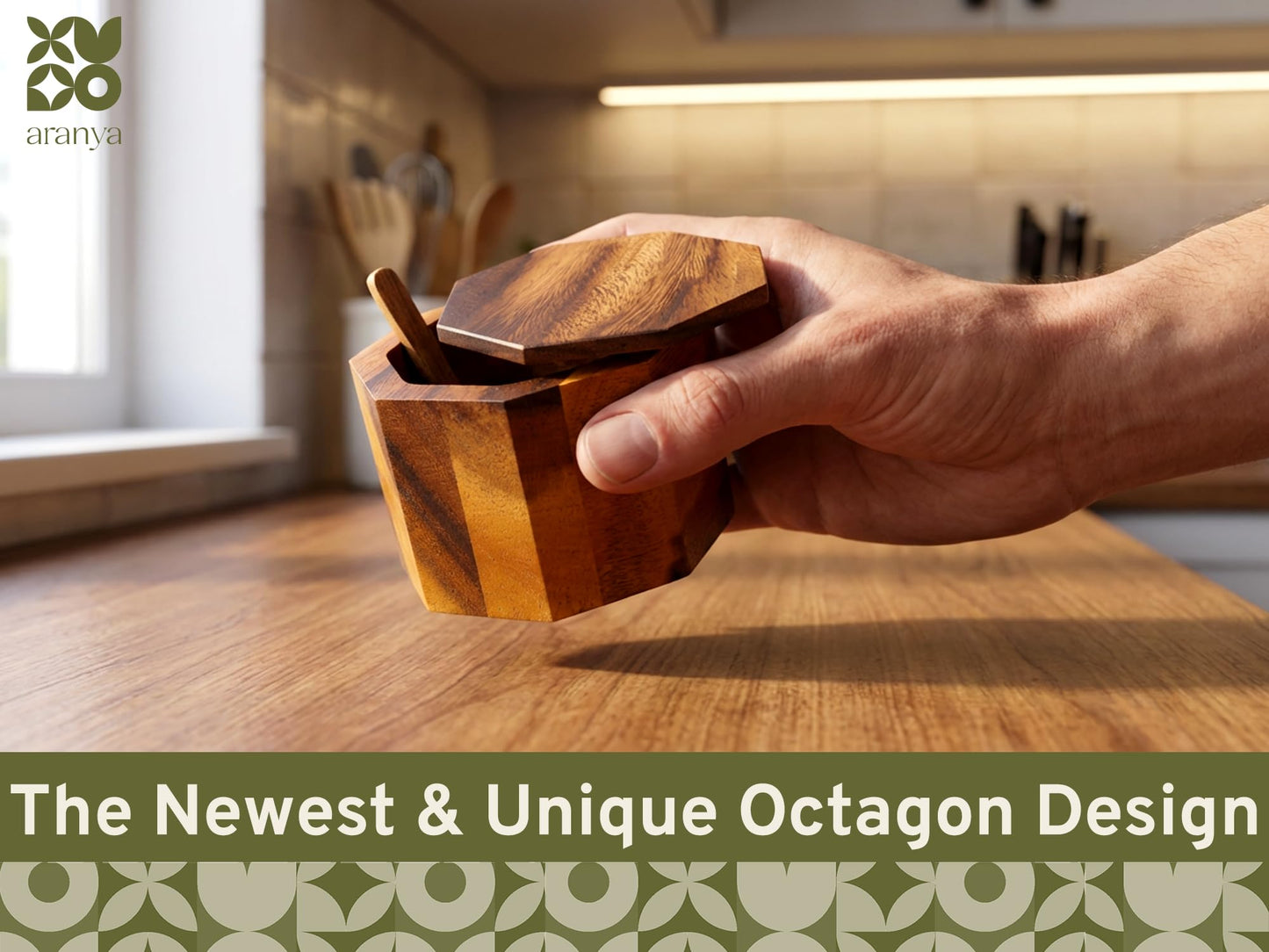 ARANYA Wooden Pepper and Salt Cellar with Lid and Spoon Set Keeper Two Compartments Spice Seasoning Wood 7oz. Container for Countertop Kitchen Storage Sea Salt Box Holder with Anti-Slip Feet Slip