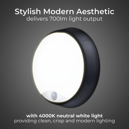 Luceco Eco Outdoor LED Bulkhead Light with PIR Motion Sensor, Decorative Exterior Lighting, Round, Black, IP54, 10W, 700lm, 4000K, EBER10P40