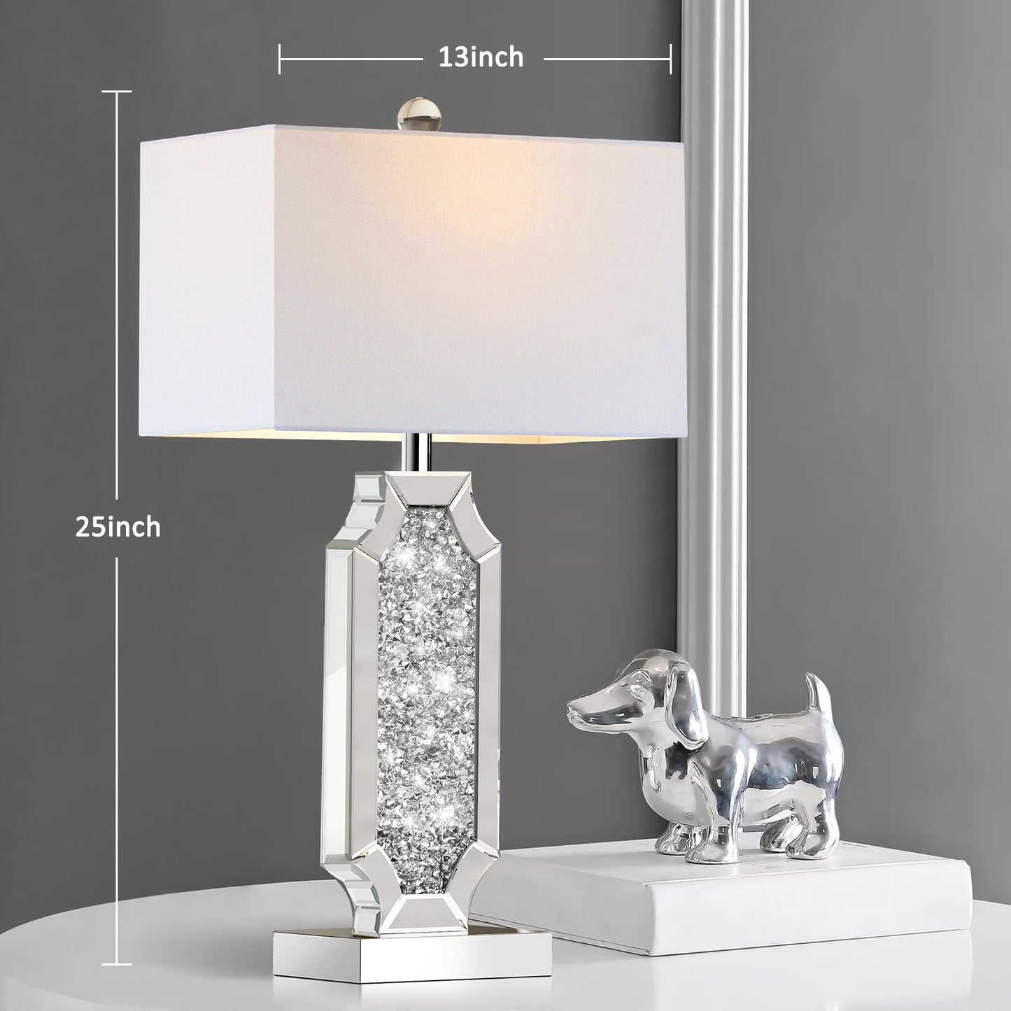 Hamucd 3-Way Dimmable Touch Diamond Crushed Mirrored Bedside Table Lamps Set of 2 for Living Room with USB A+C Ports,Tall Silver Modern Bling Nightstands Lamps for Bedroom with 2 Bulbs (Silver)