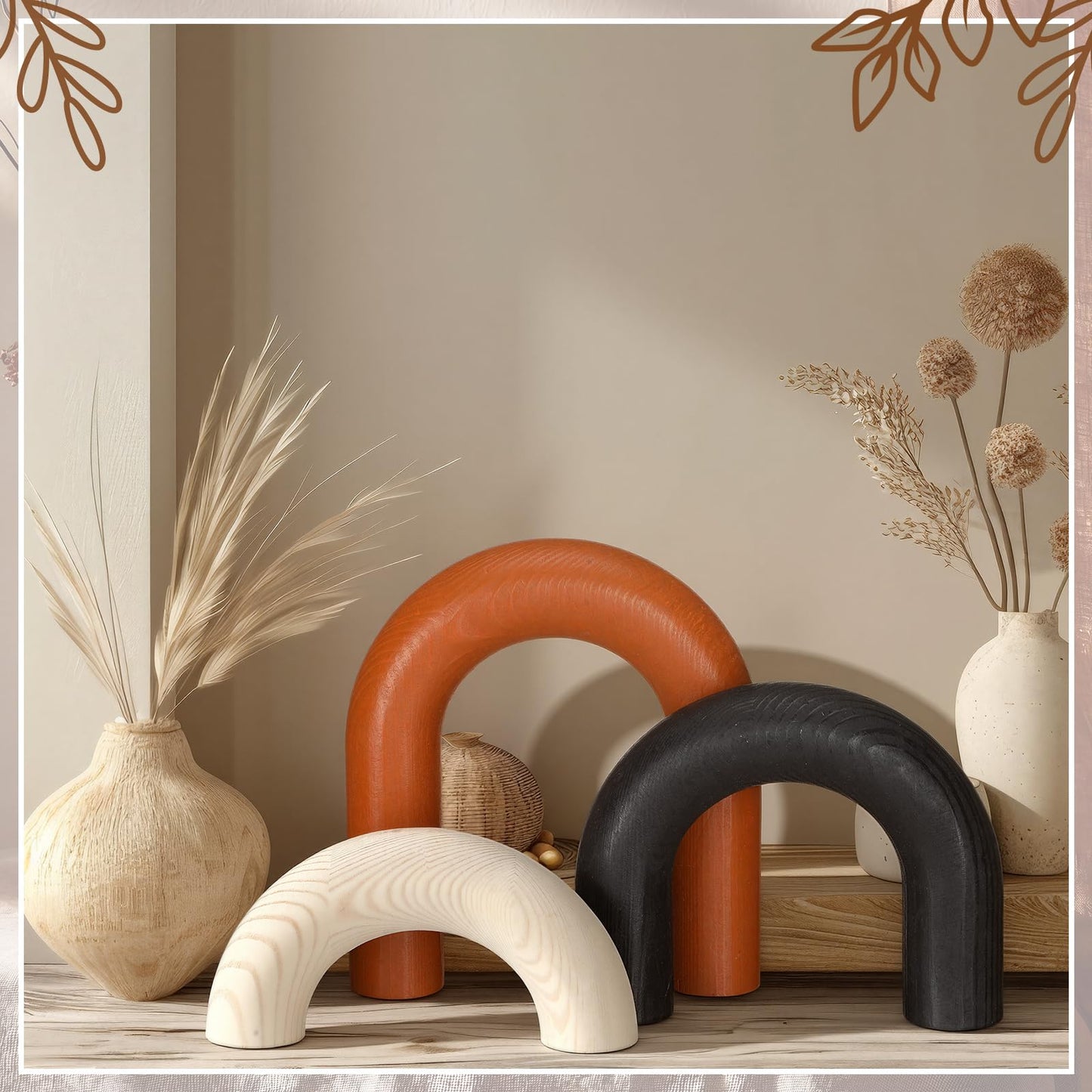 Yousoontic 3 Pcs Modern Table Decor Wooden Arch Shelf Decor Cream Black Red Brown Wood Accents for Coffee Table Bookshelf Console Living Room Entryway Farmhouse Home Decoration