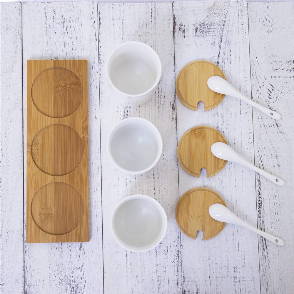 Lucky Goddness Ceramic Sugar Bowls with Bamboo Lids and Spoons-June Sky Muti-Functional Round Condiment Jar for Home- Spice Storage Canister,10.8 oz 320 ML,3 Pcs Set