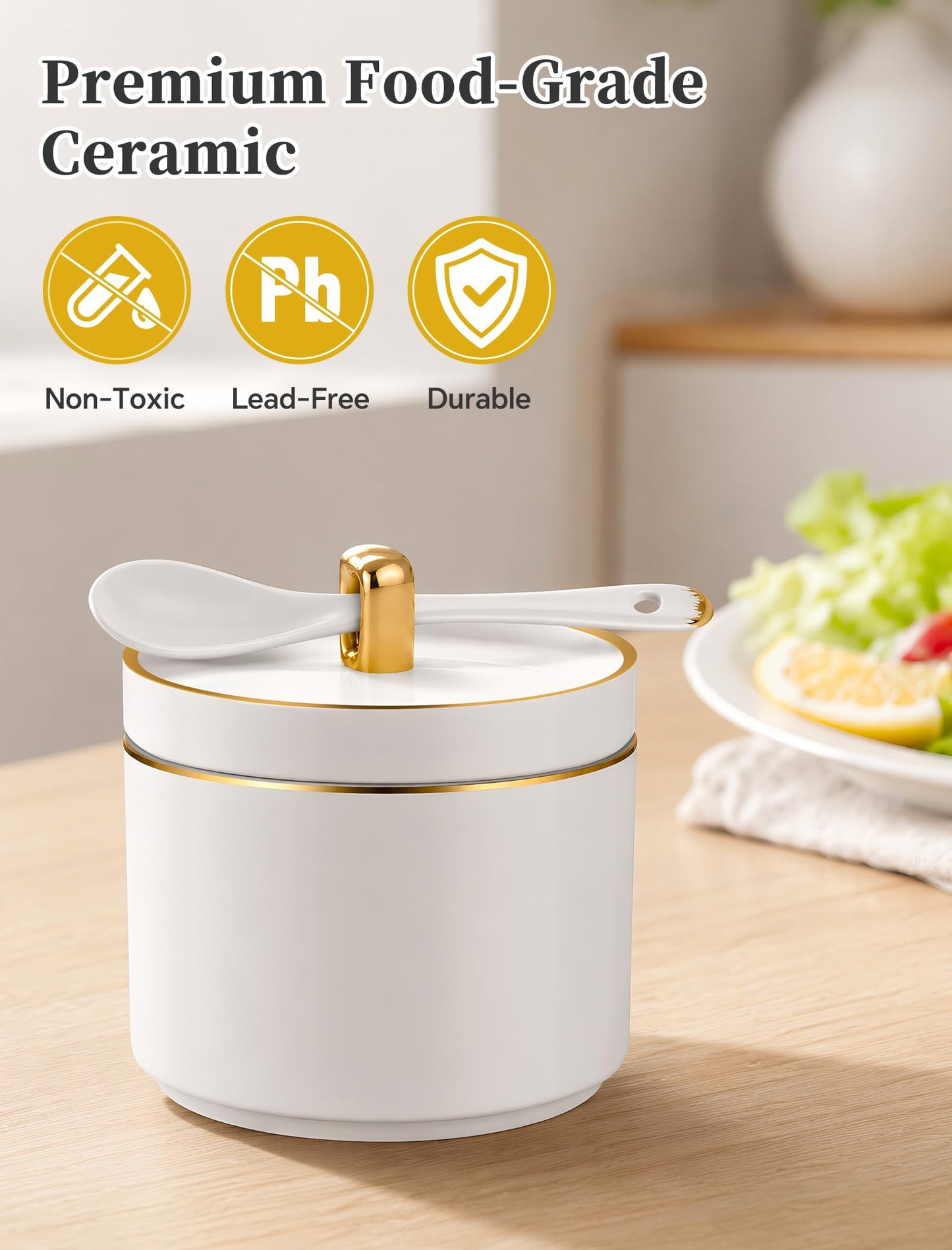 NiHome Ceramic Salt Cellar with Lid and Spoon, Seasoning Container for Salt Sugar Pepper Herbs, Smooth Non-Stick Surface & Non-Slip Base, Kitchen Storage for Countertop and Dining Table, 1 Pack