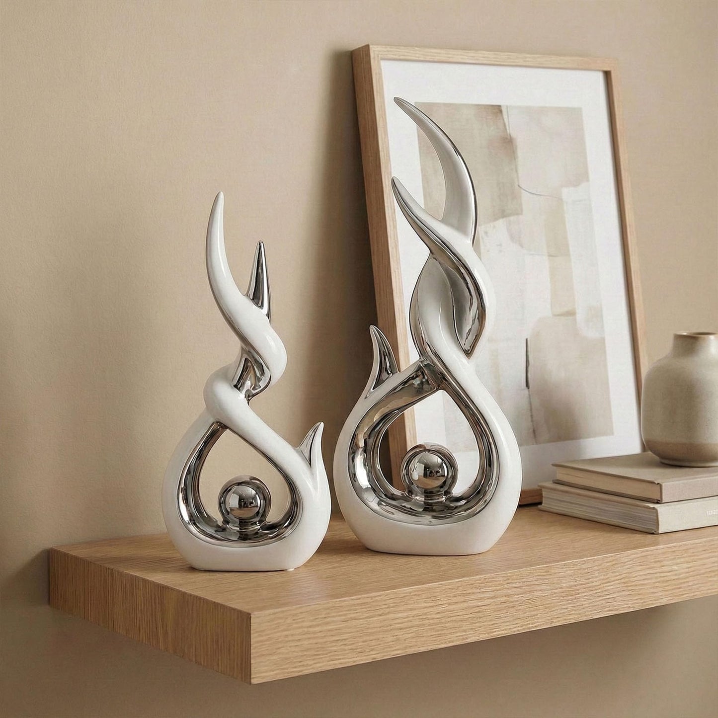 LCCCK White and Silver Abstract Ceramic Sculpture Set of 2 Modern Electroplated Figurines Decorative Statues for Living Room Shelf Mantel Tabletop Home Decor Housewarming Gift