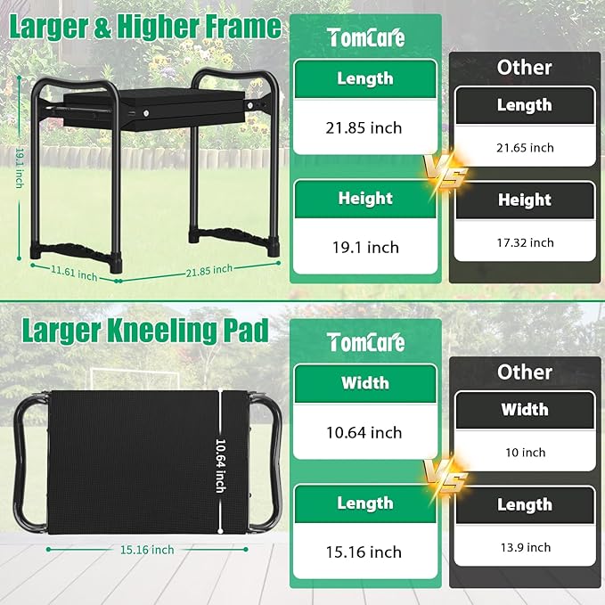 TomCare Garden Kneeler and Seat 10.64” Wider Larger Soft Kneeling Pad Garden Bench with 2 Large Tool Pouches Heavy Duty Garden Stool Foldable Tools Gardening Gifts for Women Men Gardeners,Black