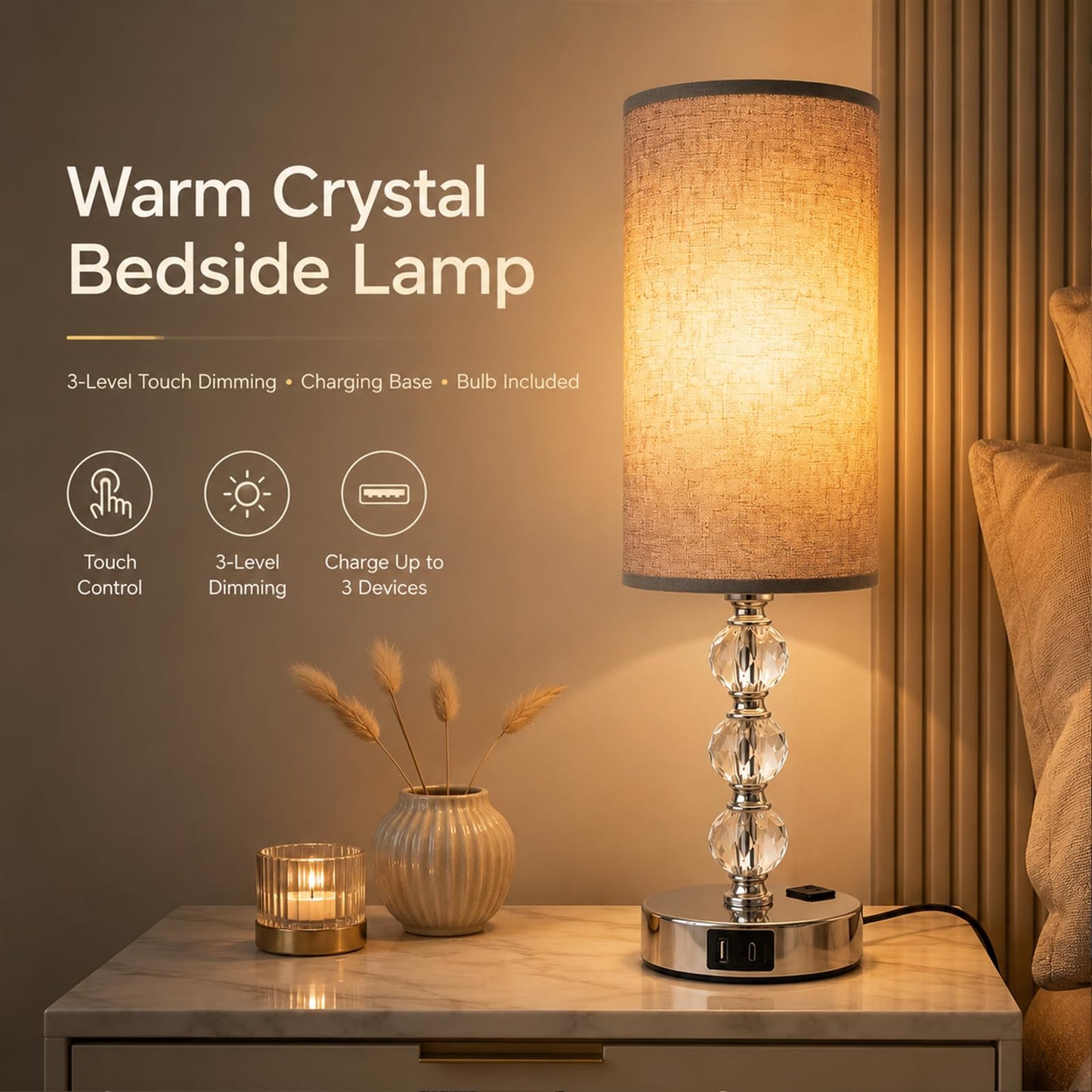 Wiomonrew Crystal Table Lamp 14.6", 3-Way Dimmable with Touch Control, USB Charging Ports & AC Outlet, Bulb Included, – 3000K Warm White for Bedroom Living Room